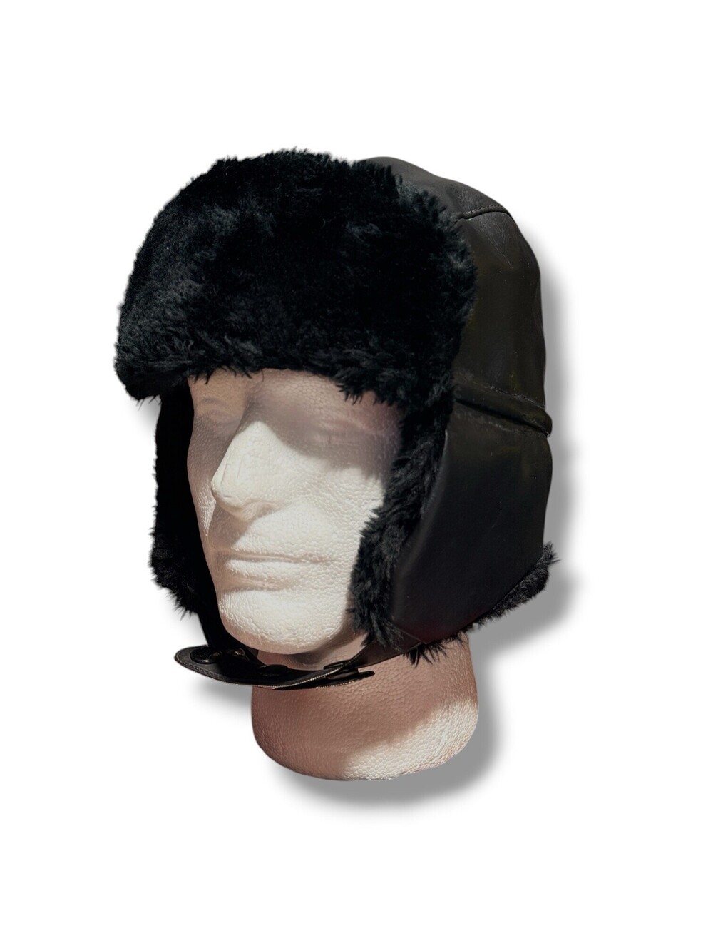 Vintage Made in Korea Aviator Trapper Hat Black Faux Leather Fur Lined Size L